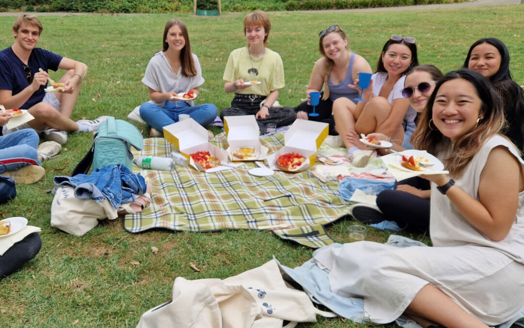 Maastricht Summer School students during a vlaai picnic at the city park in Maastricht